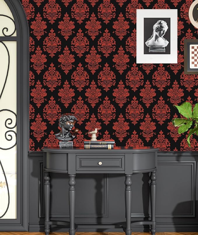 BOKEBEVE Vintage Floral Wallpaper Peel Stick Burgundy Red 17.5 x 393.5In | Renter Friendly Contact Paper Self Adhesive Removable Wall Paper for Feature Wall Bedroom Bathroom Halloween Decor