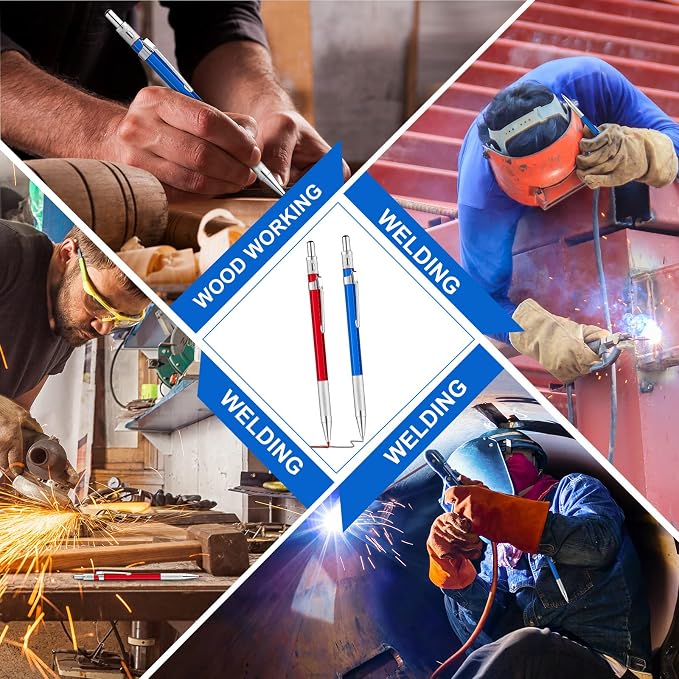 Gersoniel 2 Pcs Welders Pencil with 48 PCS Round Refills Mechanical Pencils Metal Welding Marker for Tube Pipe Fitter Welder Steel Construction Woodworking (Red, Silver)