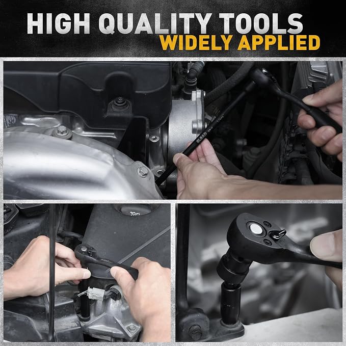 1/4" Drive Impact Socket Set, 56-Piece Standard SAE (5/32 to 9/16 inch) and Metric (4-15mm) Size, Deep & Shallow, 6 Point, Cr-V, 72-Tooth Ratchet Handle, Extension Bar, Universal Joint