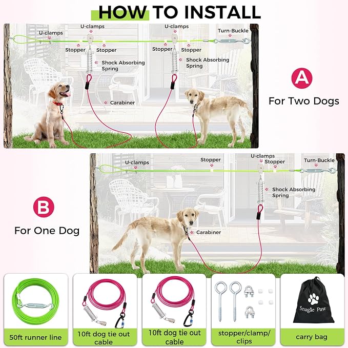 Snagle Paw Heavy Duty Dog Runner for Yard,150ft Dog Run Cable with 10ft & 10ft Pulley for Large Dogs Up to 250lbs, Aerial Zip Line for Backyard, Trolley System for Camping, Park, Outside
