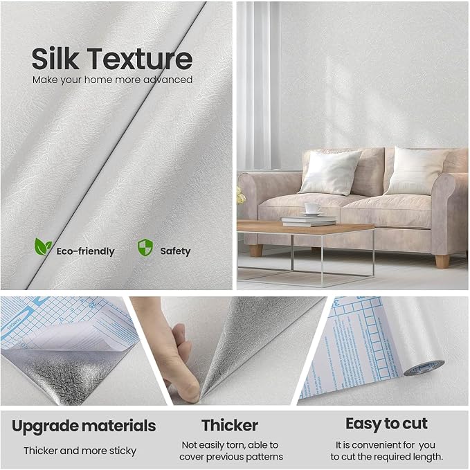 White Textured Wallpaper Peel and Stick Silk Embossed Vinyl Contact Paper | 15.7" x 787.4" Removable Wrap Paper for Cabinet - New Environmentally Friendly Upgrade Wall Paper for Cabinets Shelves