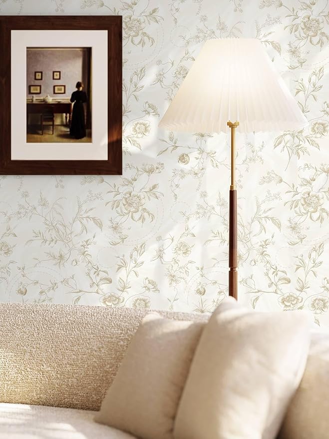 Ismoon Floral Peel and Stick Wallpaper Vintage Beige Stick on Wall Paper French Textured Contact Paper for Cabinet Removable Self Adhesive Wallpaper Vinyl Roll Shelf Decro, 17.3inx787in