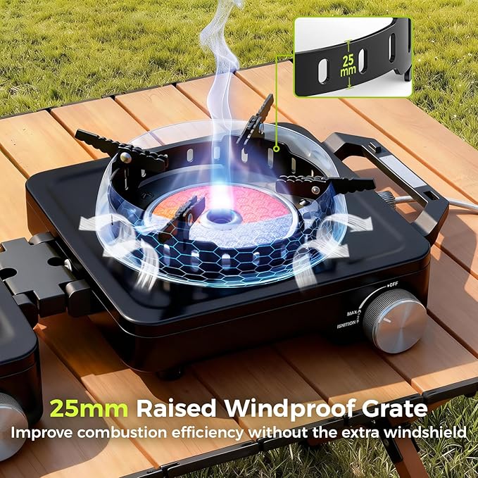 MoKo Propane Camping Stove 2 Burner, 36,000 BTU Infrared & Open Flame Hybrid, Windproof Folding Portable Outdoor Gas Cooking Kit with Frying Pan & Carry Bag For RV, Tailgating, Survival, Black