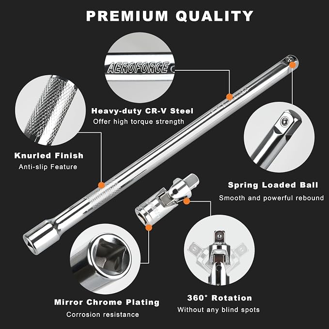 AEROFORCE 14PCS 3/8-Inch Drive Swivel Magnetic Spark Plug Socket Set with 3/8" Torque Wrench (5-45 Lb.ft/6.8-61.2 Nm), Universal Joint & Extension Bar - Durable CR-V Steel for Easy Spark Plug Removal