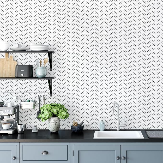 Erfoni Black and White Peel and Stick Wallpaper Herringbone Contact Paper | 17.7in x 590.5in Black Geometric Removable Wallpaper Modern DIY Self Adhesive Wallpaper for Livingroom Bathroom Decor