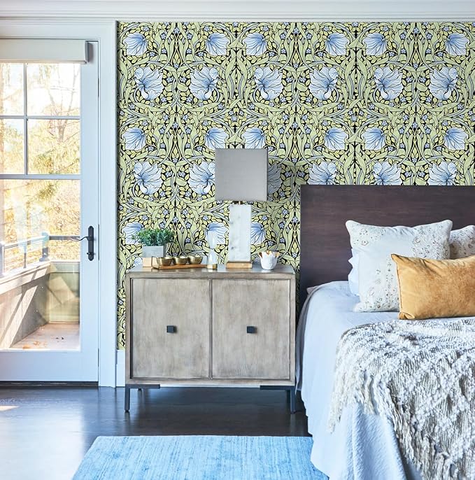 HAOKHOME Vintage Wallpaper Peel and Stick Floral Vine Green/Blue/Black Wall Murals Home Kitchen Bedroom Decor by William Morris 17.3in x 9.8ft