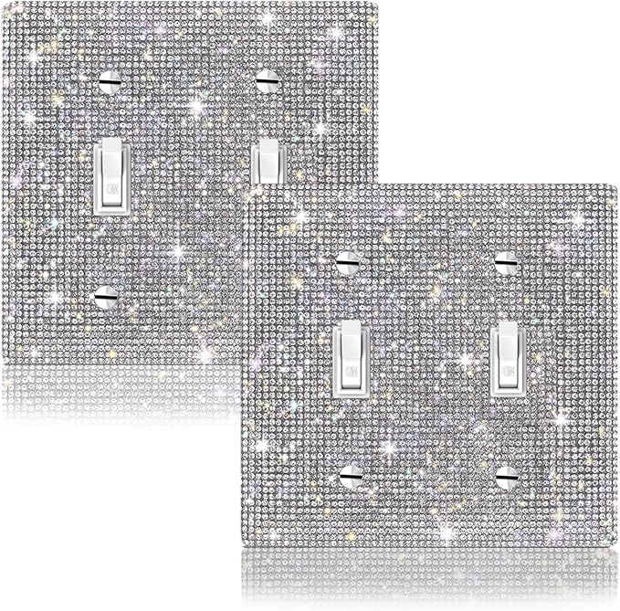 2 PC Shiny Silver Rhinestones Wall Plate Cover Switch Plate Covers Cover Light Switch Cover Switch Cover Decorative Double Gang Toggle Outlet Covers Bling Switch Cover
