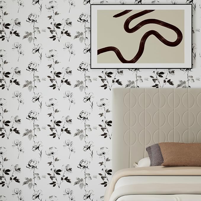 Hopepak Floral Wallpaper Peel and Stick Black and White Flower Peel and Stick Wall Paper Modern Contact Paper Removable Self Adhesive Wallpaper for Bathroom Bedroom Cabinet Decor Vinyl 17.3" x 78.7"