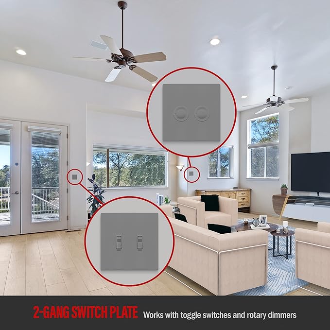 ENERLITES Screwless Double Toggle Switch Wall Plate, Child Safe Dual Light Switch Cover, Standard Size 2-Gang 4.68" x 4.73", Unbreakable Polycarbonate Thermoplastic, UL Listed, SI8812-GY, Glossy, Gray