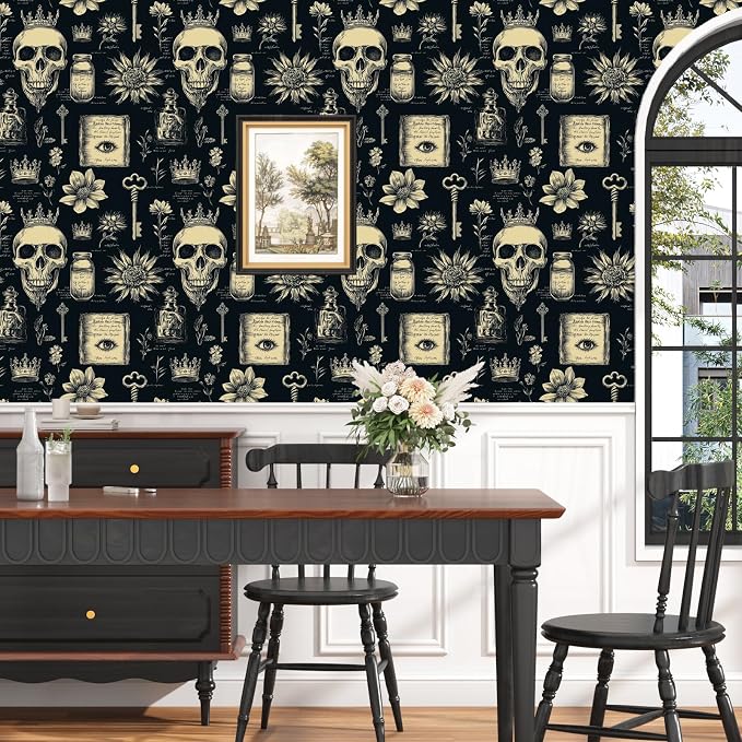 Gothic Black Beige Skull Floral Wallpaper Peel and Stick 17.5"x118" | Self Adhesive/Removable/Waterproof/Thick Vinyl Vintage Contact Paper for Bathroom Bedroom Shelf Cabinet Drawer,Prepasted