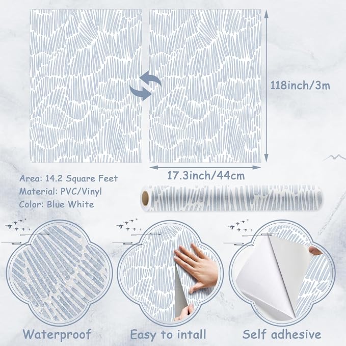 Theper Blue Wallpaper 17.3"×118" Modern Striped Peel and Stick Wallpaper Boho Removable Self Adhesive Wall Paper for Bedroom Waterproof White and Blue Contact Paper Vinyl