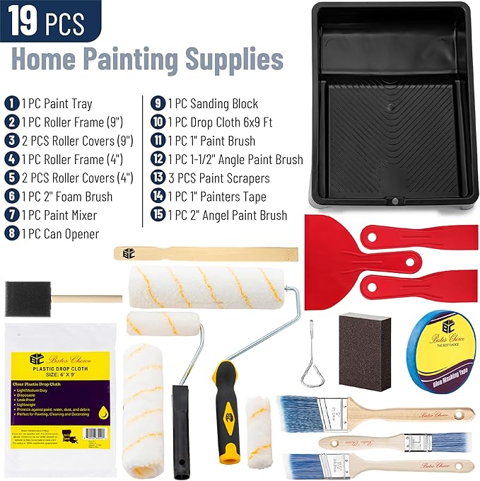 Bates- Paint Roller Kit, 19 pcs, Roller Set with Microfiber Sleeves & Frame, Tray, Angled Brush & Foam Brush, Paint Scrapers and More for Walls, Cabinets, Interior, Exterior, House Painting Supplies