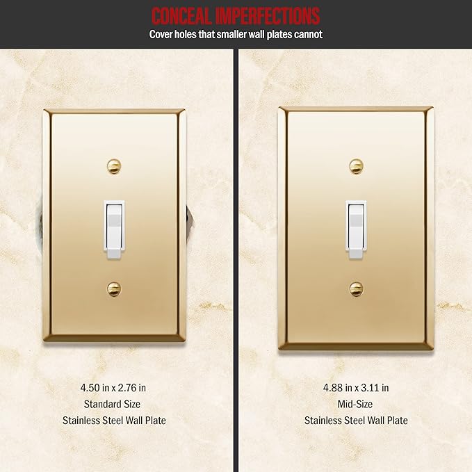 ENERLITES Toggle Light Switch Metal Wall Plate, Stainless Steel Switch Cover, Corrosion Resistant, Mid-Size 1-Gang 4.88" x 3.11", Stainless Steel 201, 7711M-PB, Polished Brass
