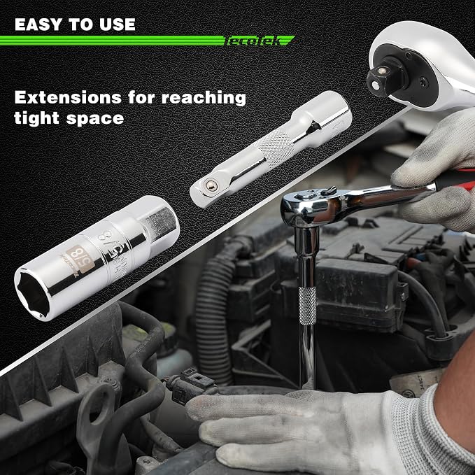 TecoTek 11-Piece Spark Plug Socket Set with 3/8" Drive Ratchet Handle, Spark Plug Gapper, Universal Joint and Extension Bar, 5/8", 3/4", 13/16", 14mm, 18mm, CR-V Sockets with Rubber Retaining Rings