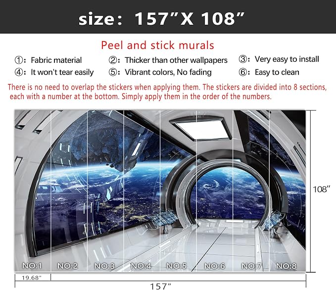 YIHWM-Peel and Stick 3D Capsule Space Wallpaper Outerspace Spaceship Mural | Tear-resistant,with a substantial feel;Will not be damaged during repositioning.Boy's Room,kids room wallpaper.XL-157"x108"