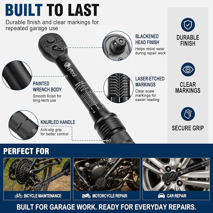 3 Pcs Torque Wrench Set (1/4", 3/8", 1/2" Drive Click Type, ±3%) | 72-tooth dual scale covers 10-220 in-lb & 5-170 ft-lb. Ideal for bike, motorcycle & auto repair