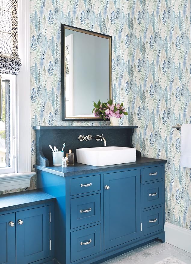RoomMates RMK12330PLW Blue Watercolor Tree Mosaic Peel and Stick Wallpaper