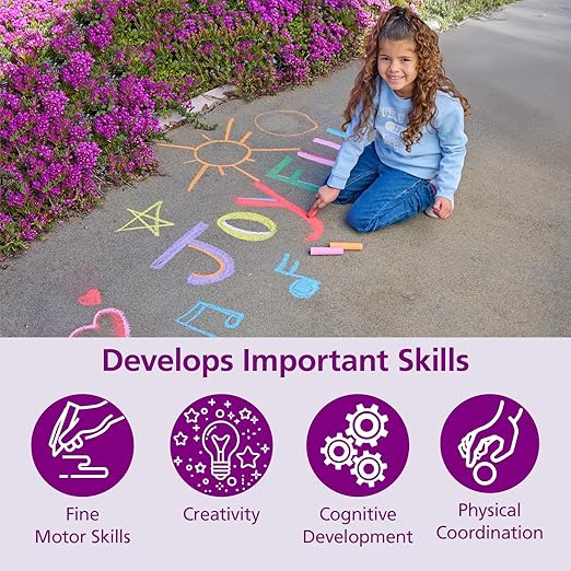 Colorations Jumbo Washable Sidewalk Chalk Set - 20 Pieces, 8 Assorted Colors, 4” x 1” Each, Non-Toxic, Outdoor Play for Kids, Ages 4+