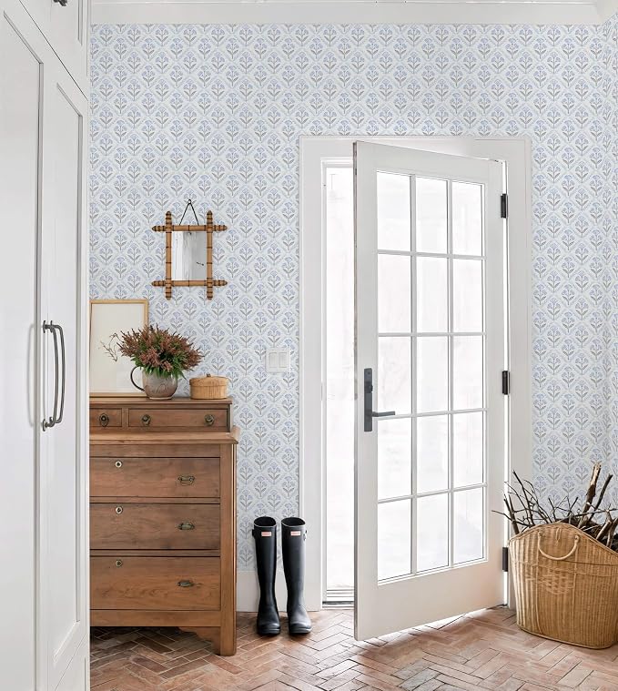 Dimoon Blue Peel and Stick Wallpaper Retro Floral Contact Paper Vintage Boho Cute Wallpaper Renter Friendly Removable Geometric Wall Paper for Bathroom Kitchen Textured Vinyl 17.3''x197''