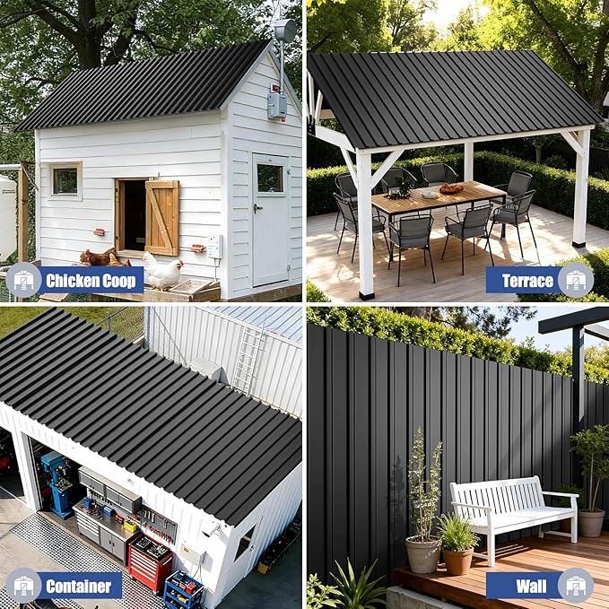 Brakki Metal Roofing Panels 10pcs 75 ft², L61.02"xW17.72" Black Corrugated Galvanized Steel Roof Panels with Screw, Heavy Duty Metal Siding Suitable for Garages Chicken Coop Sheds Stables Patio