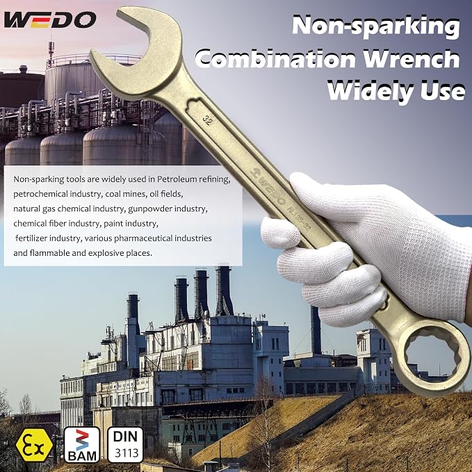 WEDO Non-Sparking Combination Wrench 34mm,Metric,Aluminum Bronze | 12-Point Spark-free Spanner,15 Degree Offset,Corrosion Resistance,DIN3113 Standard,BAM&FM Certificate,For Oil,Chemical,Mining
