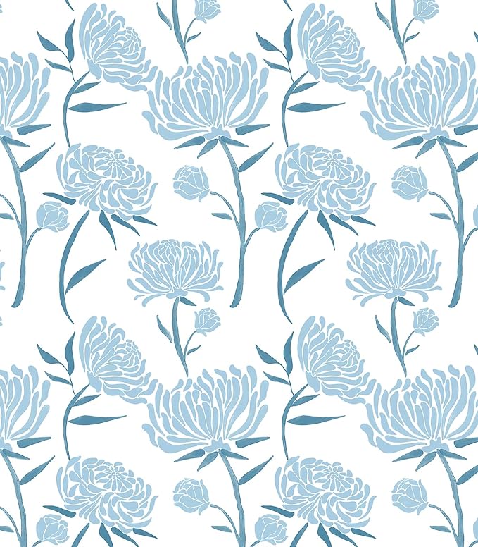 Hopepak Peel and Stick Wallpaper Floral Contact Paper Blue Floral Wallpapers Modern Self Adhesive Removable Vinyl Wallpaper for Living Room 17.3"x197"
