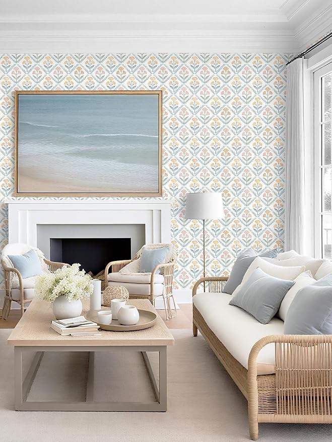 Dimoon 17.3''x78.7'' Peel and Stick Wallpaper Floral Boho Contact Paper Cute Vintage Village Wallpaper Farmhouse White Blue Renter Friendly Geometry Grid Waterproof Embossed Kitchen Bedroom Vinyl