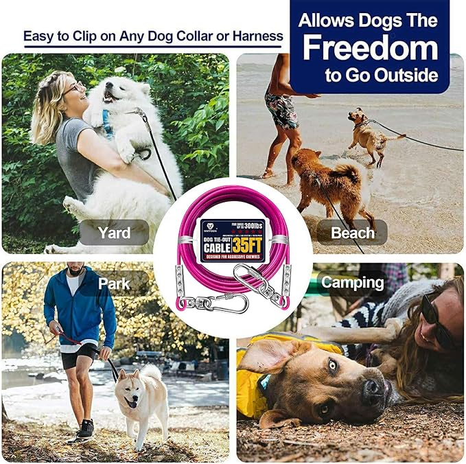 Tie Out Cable for Large Dog Runner for Yard, Pet Run Leash Heavy Duty Swivel Hooks Lead Holds Break Strength of 1000lbs, Steel Wire Dog Chain Leash Cable for Yard (Magenta 35FT)