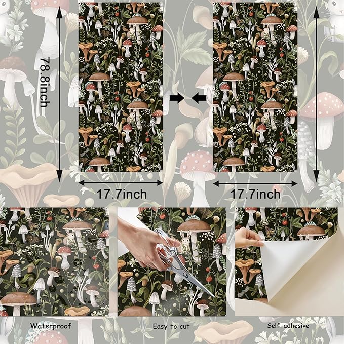 Mushroom Wallpaper Peel and Stick Black Contact Paper 17.7"×78.8" | Self Adhesive Wallpaper Removable Boho Leaf Forest Contact Paper for Cabinets Kitchen Vintage Wallpapers Waterproof Vinyl