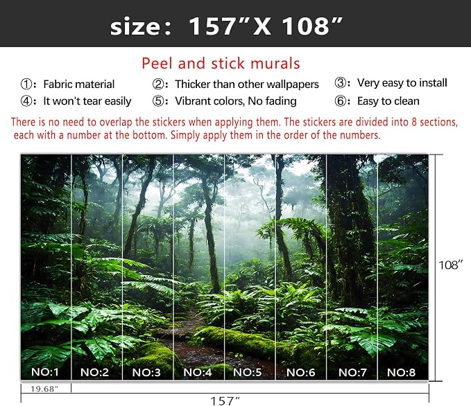 YIHWM-Peel and Stick Tropical Rainforest Wallpaper Green Jungle wall Mural | Tear-resistant,with a substantial feel;Will not be damaged during repositioning.Bathroom,Bedroom wallpaper.XL-157"x108"