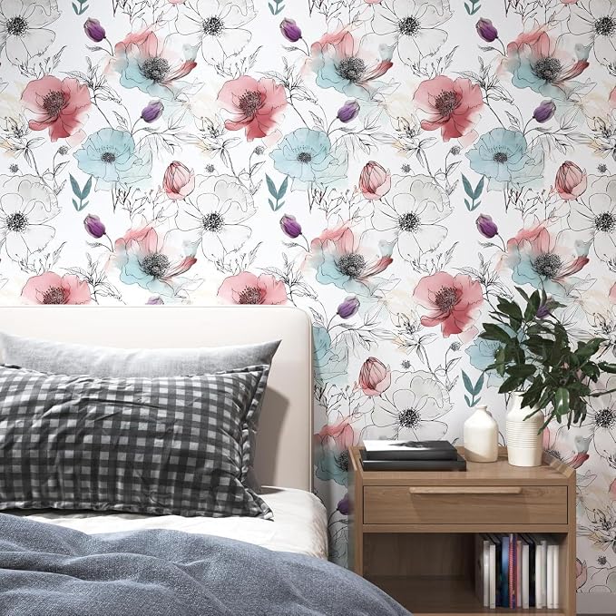 Blue Pink Watercolor Floral Peel and Stick Wallpaper 17.5"x393" | Self Adhesive/Removable/Waterproof/Thick Vinyl Vintage Contact Paper for Bathroom Bedroom Shelf Cabinet Drawer,Prepasted