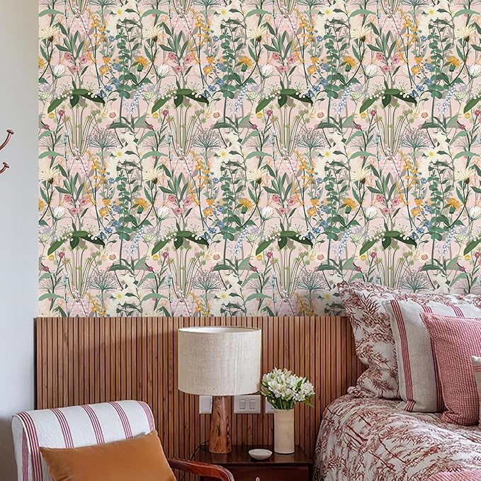 JiffDiff Floral Wallpaper Peel and Stick 17.3"x1181" Pink Farm Wildwood Stick on Wallpaper for Home Bedroom Cabinets Thicken Self Adhesive Contact Paper