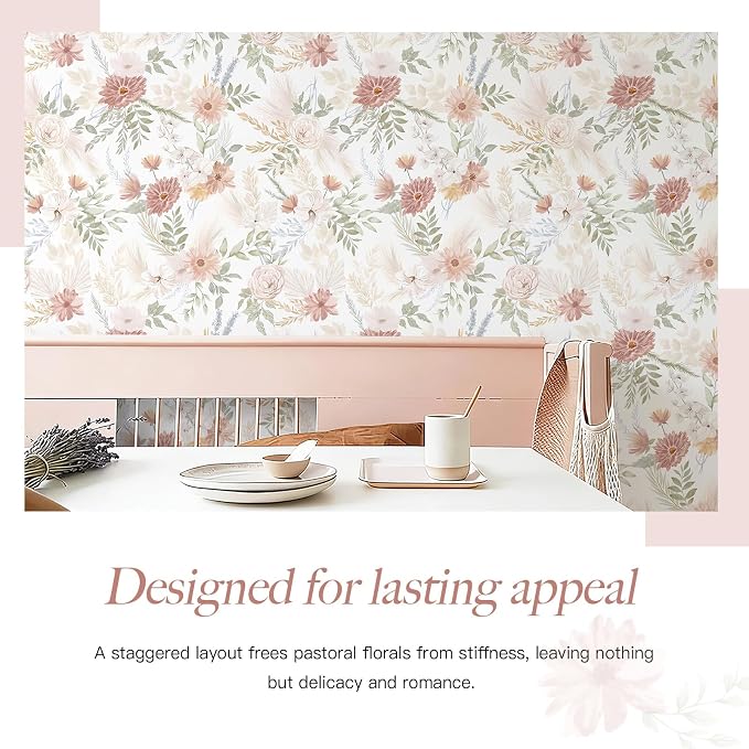 Dimoon Pink Floral Peel and Stick Wallpaper Modern Beige Contact Paper 17.3''x393'' Boho Village Country Cottage Wallpaper Renter Friendly Girls Room Wall Paper for Bathroom Nursery Bedroom Vinyl