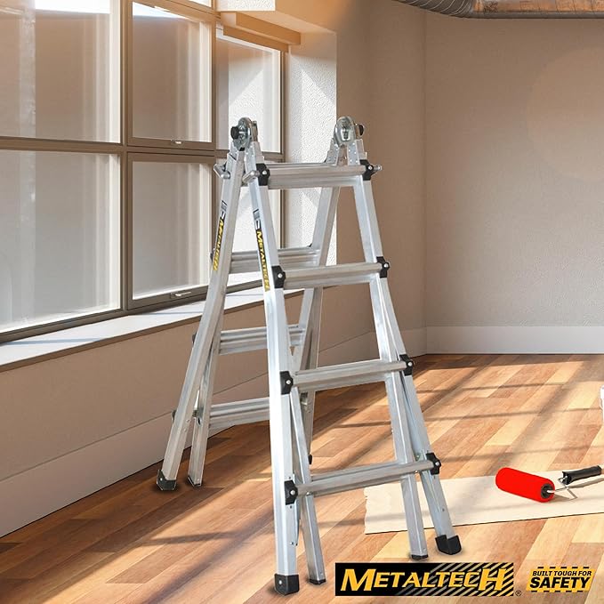 Metaltech E-MTL7100AL Jobsite Series 18-ft.-Reach Aluminum Telescoping Multi-Position Step Ladder for Home Improvement and Construction, Multipurpose Extension Ladder, Step Ladder, Scaffolding Support