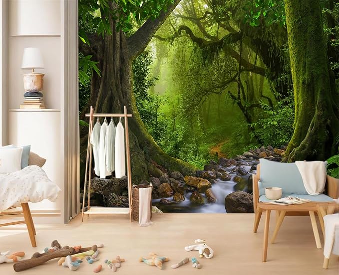 YIHWM-Peel and Stick Green Forest Wallpaper Landscapes Woodland Tree Mural | Tear-resistant,with a substantial feel;Will not be damaged during repositioning.Bathroom,Bedroom wallpaper.XL-157"x108"