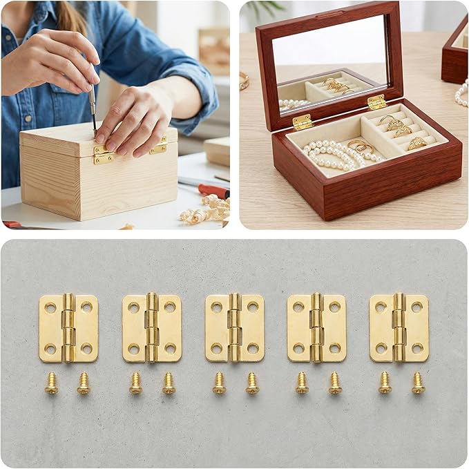 10pcs Small Jewelry Box Hinges with Screws, 1'' Metal Hinge for Wooden Box, Folding Butt Hinges with 4 Holes for Furniture Accessories DIY Crafts - Brass Color