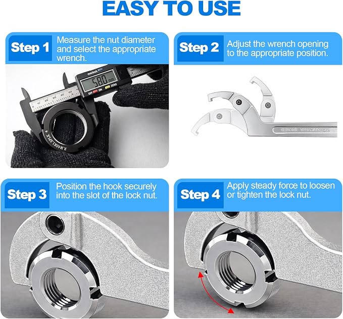 Adjustable C Spanner Hook Wrench Tool Set 3/4-2"(19-51mm)2-4 3/4"(51-121mm) | Chrome Vanadium Hook Wrenches for Tightening and Loosening Side-Slot Collars, Lock Nuts, Bearings and Collets on Machinery