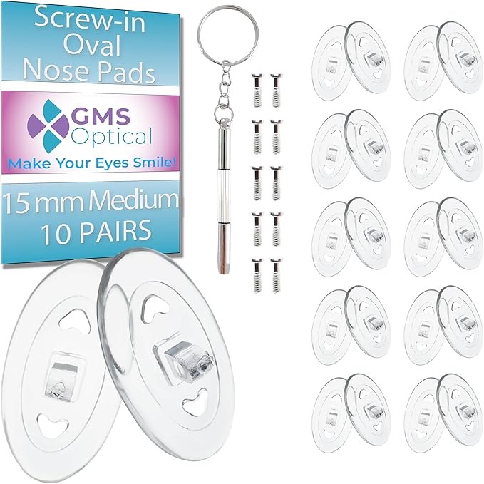 GMS Optical - 17mm Long Lenth / 9mm Extra Wide - Screw-in Oval Soft Silicone Nose Pads for Glasses, Sunglasses, Glasses Repair Kit, Keep Glasses from Sliding and Improve Comfort (5 Pair)