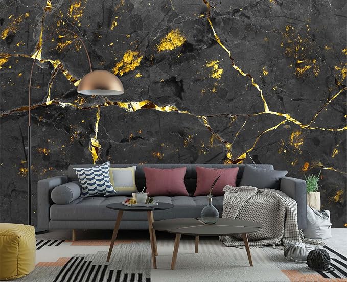 YIHWM-Peel and Stick Black and Gold Marbled Wallpaper Abstraction Art Mural | Tear-resistant,with a substantial feel;Will not be damaged during repositioning.Bathroom,Bedroom wallpaper.M-118"x85"