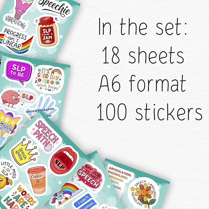 100Pcs SLP Stickers for Water Bottle, Laptop – Speech Therapy Stickers and Decals – SLP Gifts - Funy Speach Therapy Party Supplies - Gifts for Men & Women