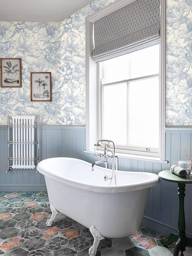 Ismoon Vintage Floral Wallpaper Peel and Stick Beige and Blue Contact Paper 17.3inx32.75ft Removable Self Adhesive Wall Paper for Bathroom Bedroom Cabinet Mural Wall Decor Vinyl Renter Friendly