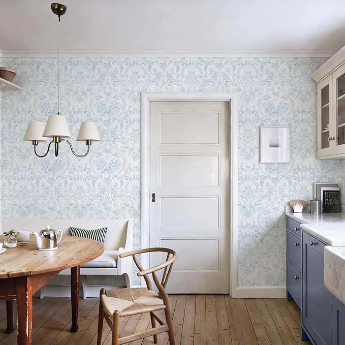 Ismoon Blue and White Wallpaper Floral Peel and Stick Wallpaper 17.3in x 32.8ft Vintage Damask Blue Contact Paper Boho Removable Watercolor Wall Paper for Bedroom Bthroom Kitchen Décor Vinyl