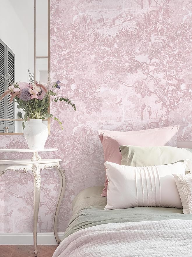 17.3" X 78.7" Peel and Stick Wallpaper Pink White Toile Forest Floral Wallpaper Renter Friendly Waterproof Removable Self Adhesive Wall Paper Bedroom Living Room Cabinets Vinyl