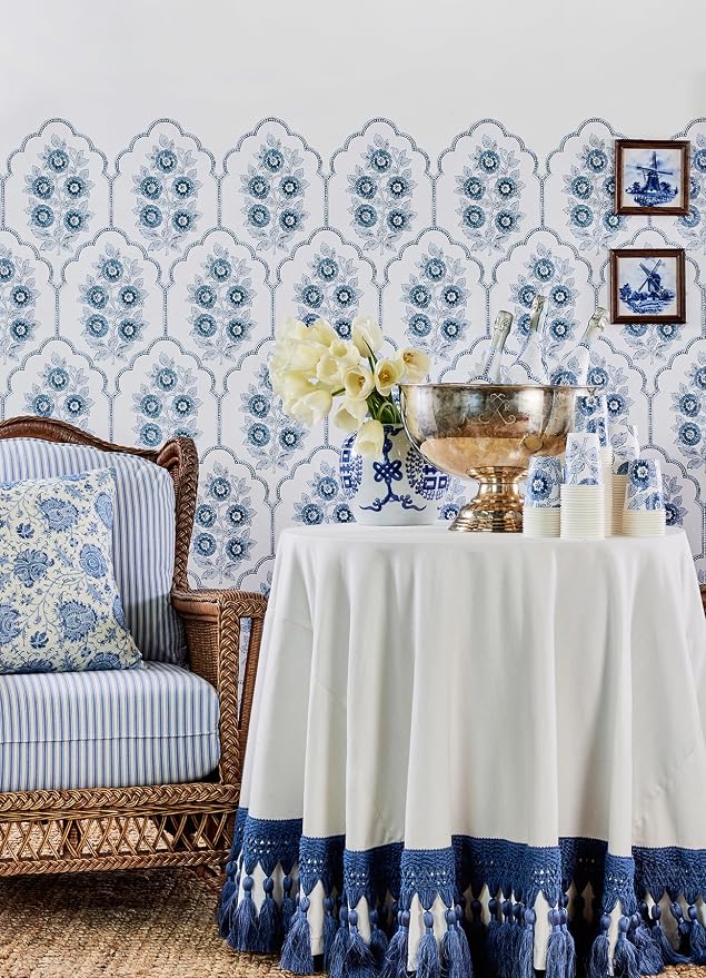 NuWallpaper x Society Social Floral Bazaar Delft Blue Peel and Stick Wallpaper, SSS6315
