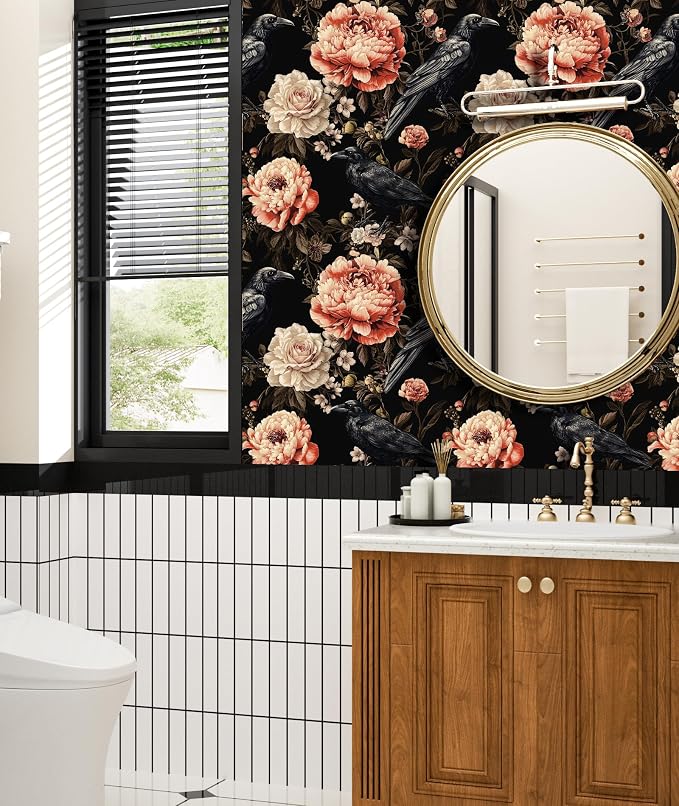 ILHIIOR Black Crow Floral Peel and Stick Wallpaper 17.5 x 118 Inches | Leaf Removable Self Adhesive Waterproof Contact Paper, Renter Friendly Decor for Cabinets, Drawers & Bedroom Walls