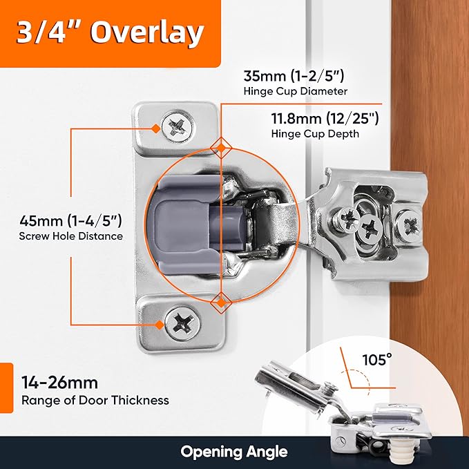 Decobasics 6 Pack Soft Close Cabinet Hinges – 3/4" Overlay for Kitchen Cabinet Doors, Face Frame Concealed Hidden Hinges – Stainless Steel, Self-Closing with 3-Way Adjustment & Slow Close Damper