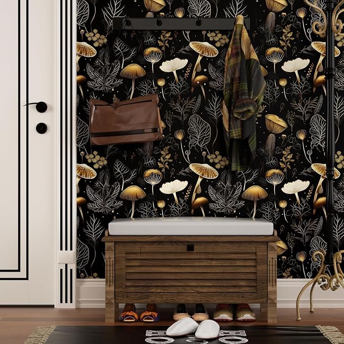 Dark Mushroom Wallpaper Peel and Stick 17.5" x 787",Black Gold | Self Adhesive/Removable/Waterproof/Thick Vinyl Extra Long Contact Paper for Bathroom Bedroom Shelf Cabinet Drawer,Prepasted