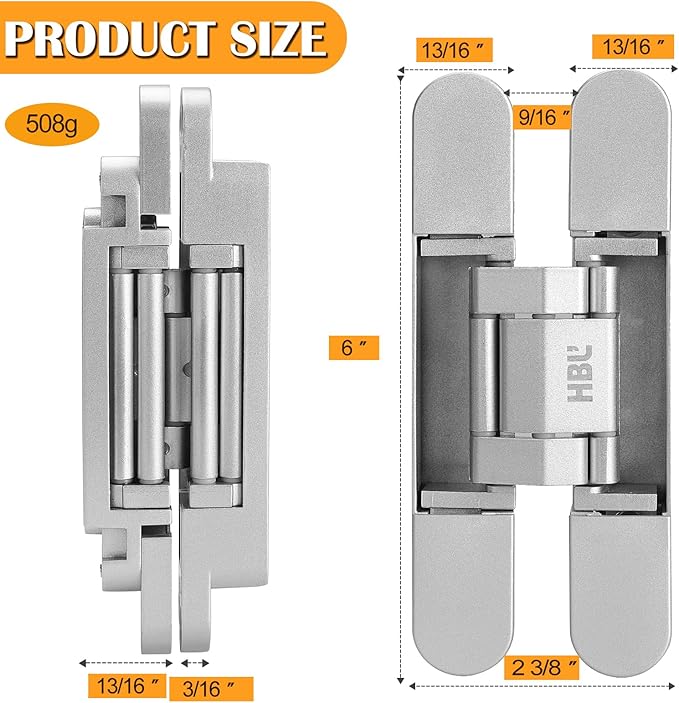 HBL' 2 Pack Hidden Door Hinges, 6 Inch Silver Heavy Duty Hidden Hinges for Secret Doors, 3-Way Adjustable to Bulid Conceal Bookcase Door