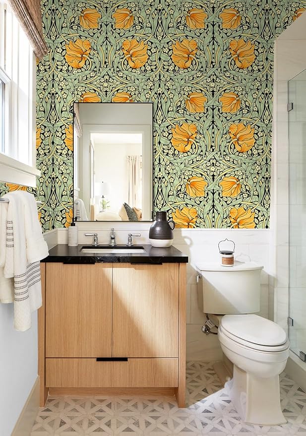 HAOKHOME Vintage Floral Wallpaper Peel and Stick Botanical Green/Yellow/Black Wall Murals Home Kitchen Bedroom Decor by William Morris 17.3in x 9.8ft