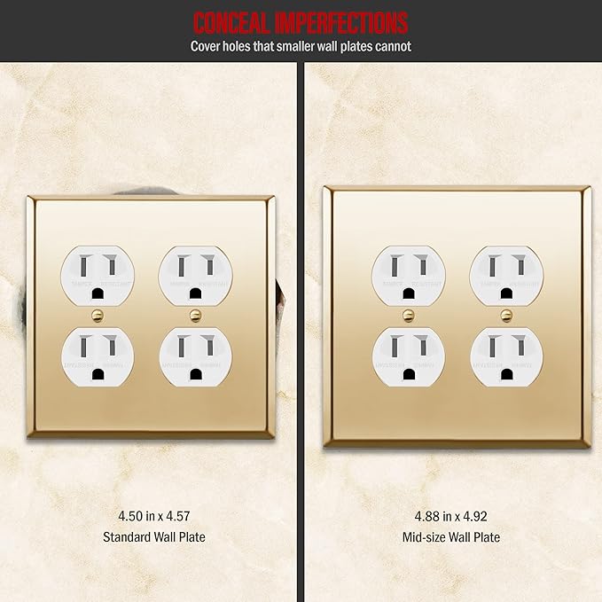 ENERLITES Dual Duplex Receptacle Metal Wall Plate, Stainless Steel Outlet Cover, Corrosion Resistant, Mid-Size 2-Gang 4.88" x 4.92", Stainless Steel 201, 7722M-PB, Polished Brass